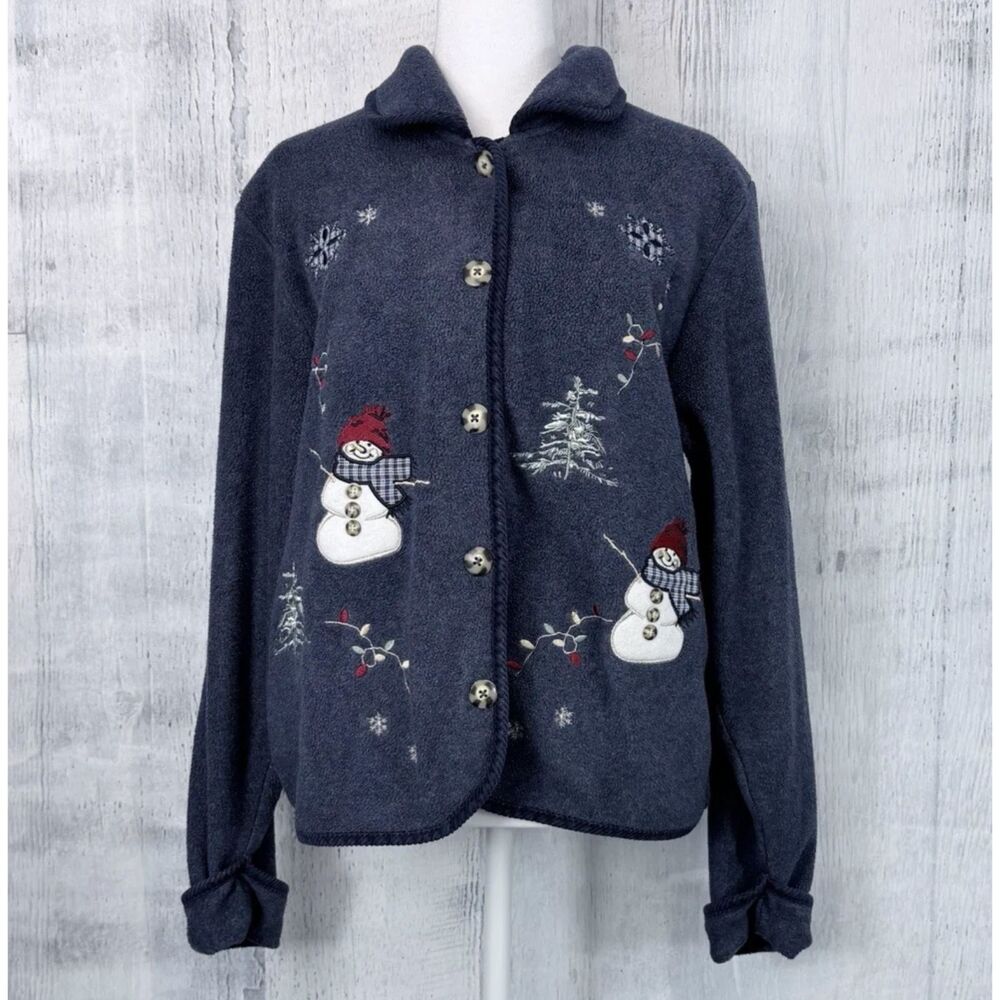 Holiday Lodge Button Up Fleece Shacket Womens M Snowman Embroidered Jacket